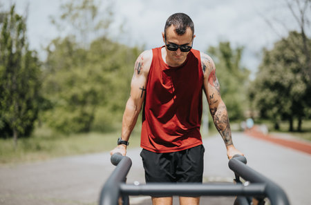 Focused man with tattoos working out on parallel bars at a park