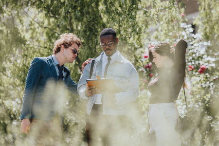 Diverse business professionals in outdoor strategy meeting during sunny day