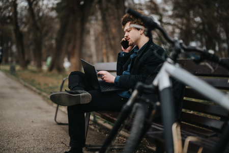 Business professional with a bike taking a call and working on a laptop in a parkの写真素材