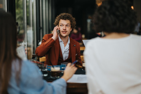 Businessman talking on the phone during a meeting in a cafeの写真素材