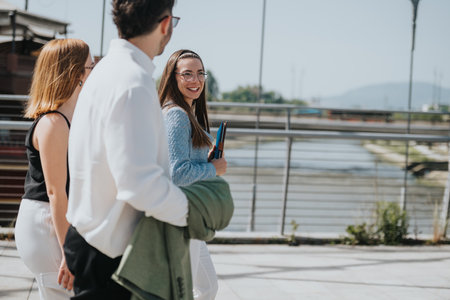 Happy business colleagues walking and conversing outdoors during a sunny dayの写真素材