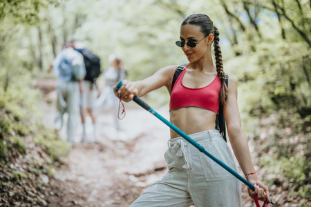 Fit woman hiker in the forest holding a trekking pole with blurred fellow hikers in the backgroundの写真素材