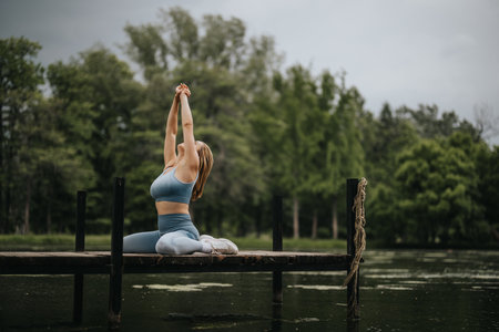 Woman exercising yoga on a wooden pier in nature surrounded by tranquil treesの写真素材