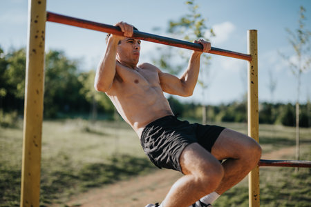 Shirtless man performing pull-ups on a bar in an outdoor park setting