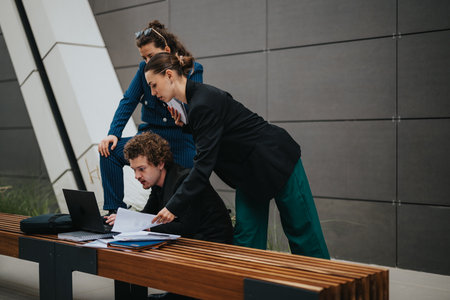 Three young professionals collaborating on a project while looking at a laptop outdoors