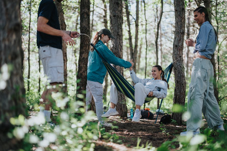 Group of friends enjoying a relaxing day outdoors in a forest with a hammockの写真素材