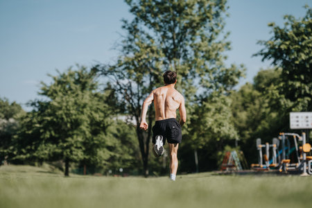 Young athletic man running in an urban park on a sunny dayの写真素材