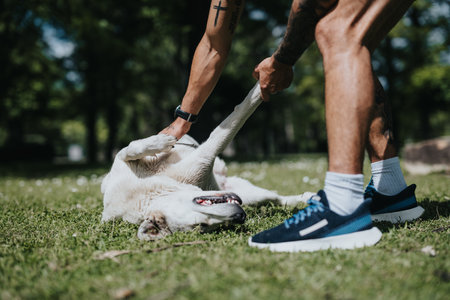 Man playing tug of war with golden retriever in sunlit parkの写真素材