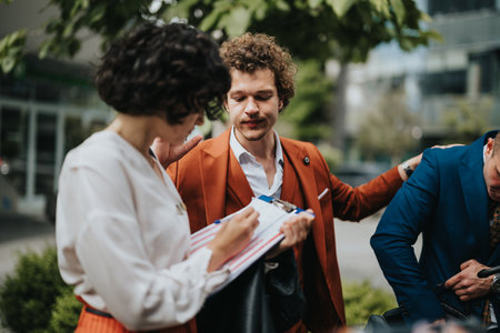 Outdoor business meeting with creative professionals discussing ideas and strategiesの写真素材