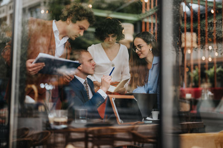 Business meeting in a modern coffee shop with technology and reports