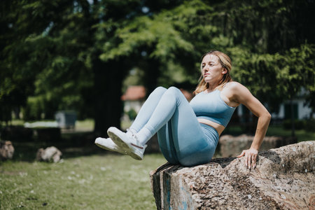 Woman performing outdoor workout on a rock in park