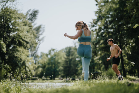 People exercising in a park on a sunny dayの写真素材