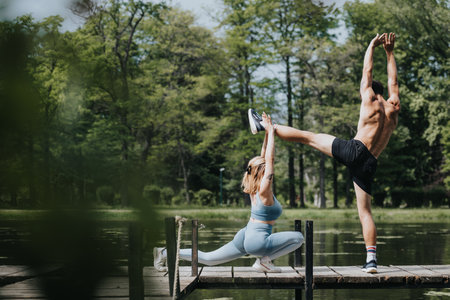 Fitness couple exercising on a wooden bridge in a natural park setting