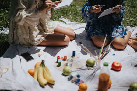 Sisters enjoying a creative painting session in the park on a sunny day, surrounded by a picnic setupの写真素材