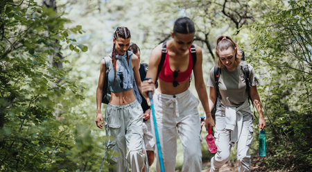 Group of young women hiking through forest trail on sunny dayの写真素材