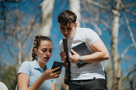 Young students collaborating on homework in a sunny urban parkの写真素材