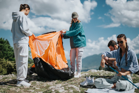 Group of friends setting up a tent during a camping trip in a scenic mountain areaの写真素材
