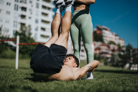 Young man exercising in urban park with assistance, performing leg raisesの写真素材