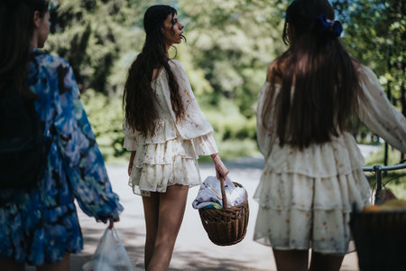Young girls enjoying a summer day together in a lush green parkの写真素材