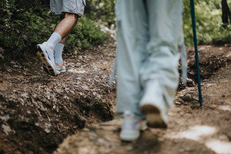 Close-up of hikers walking on a forest trail in daytimeの写真素材
