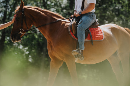 Man riding a horse in a forest with another person gently petting the horses headの写真素材