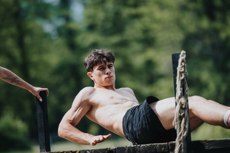 Young man exercising on a wooden bridge in nature