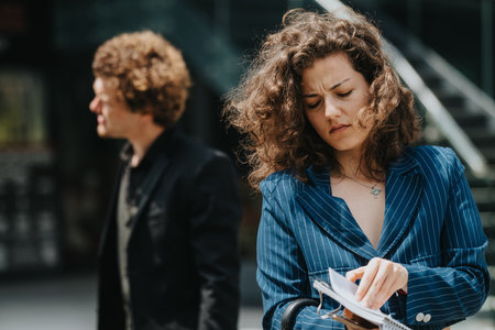 Businesswoman reviewing documents with a colleague in an outdoor settingの写真素材