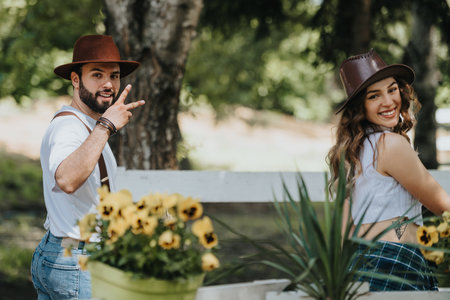 Happy couple with hats enjoying a day in the park with flowers and greenery