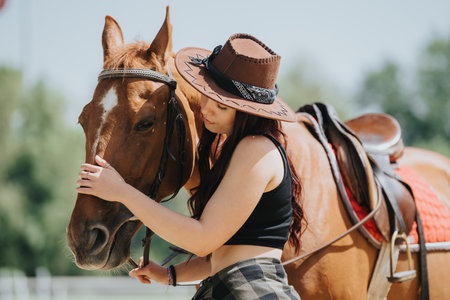 Young woman with cowboy hat affectionately embracing a horse in a sunny outdoor settingの写真素材