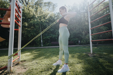 Woman exercising with resistance band in urban park on a sunny day