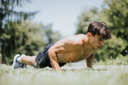 Young man doing push-ups outdoors in sunny park for fitness and strength training