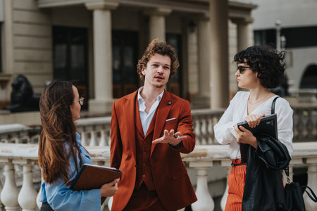 Young professionals having an outdoor business conversation in a city setting
