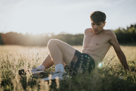Shirtless young man resting in a grassy field after a workout on a sunny dayの写真素材