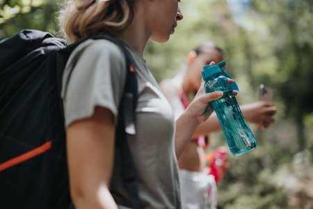 Hikers taking a break in the forest with water bottle and smart phone during a sunny day