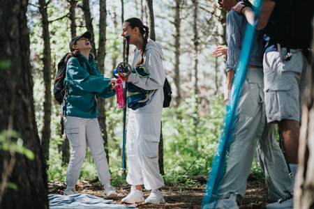 Group of friends enjoying a hike in the forest with laughter and conversation
