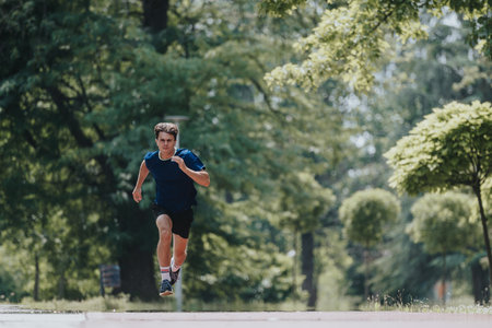Man running outdoors in a park on a sunny day for fitness and exercise