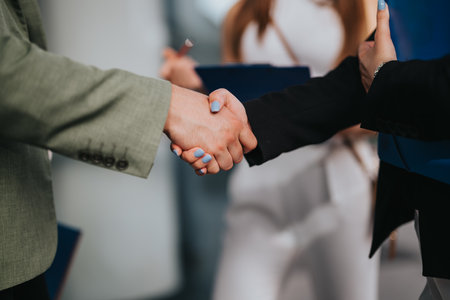 Business people shaking hands at a corporate meeting in a professional settingの写真素材