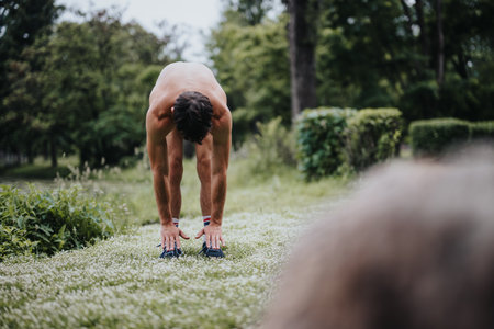 Man performing stretching exercises in a park during an outdoor workout sessionの写真素材