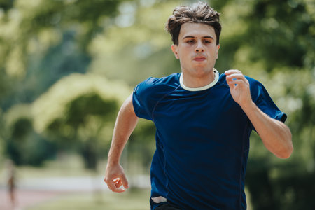 Focused young athlete running in park on a sunny day