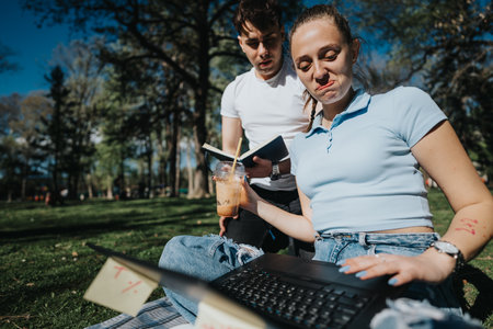 High school students collaborating on a project outdoors on a sunny dayの写真素材