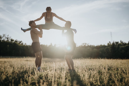 Flexible girl performing front split on male friends shoulders in a sunny fieldの写真素材