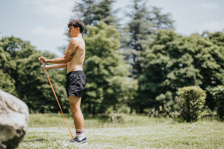 Young man doing resistance band workout in a park on a sunny dayの写真素材