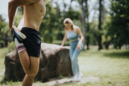 Active couple doing warm-up exercises in the park, preparing for workout session
