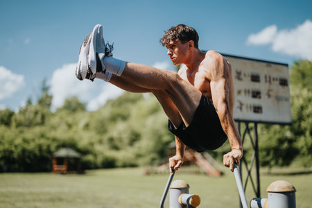 Athletic man exercising outdoors on parallel bars on a sunny dayの写真素材