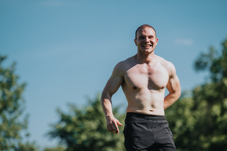 Smiling shirtless man exercising in urban park on a sunny dayの写真素材