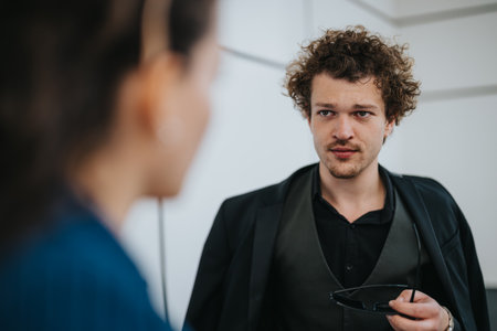 Business meeting with confident man holding sunglasses and talking to colleague