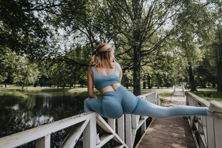 Young woman in athletic wear stretching on a bridge in a scenic parkの写真素材