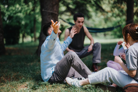 Friends enjoying a sunny day together in the park, sharing stories and laughterの写真素材