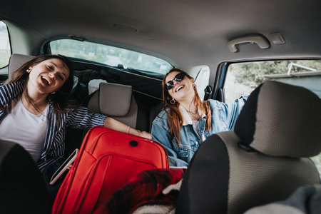 Two joyful women laughing and relaxing in a car on a road trip