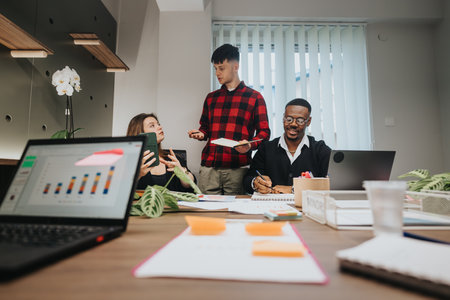 Multiracial team of young businesspeople analyzing project data in office